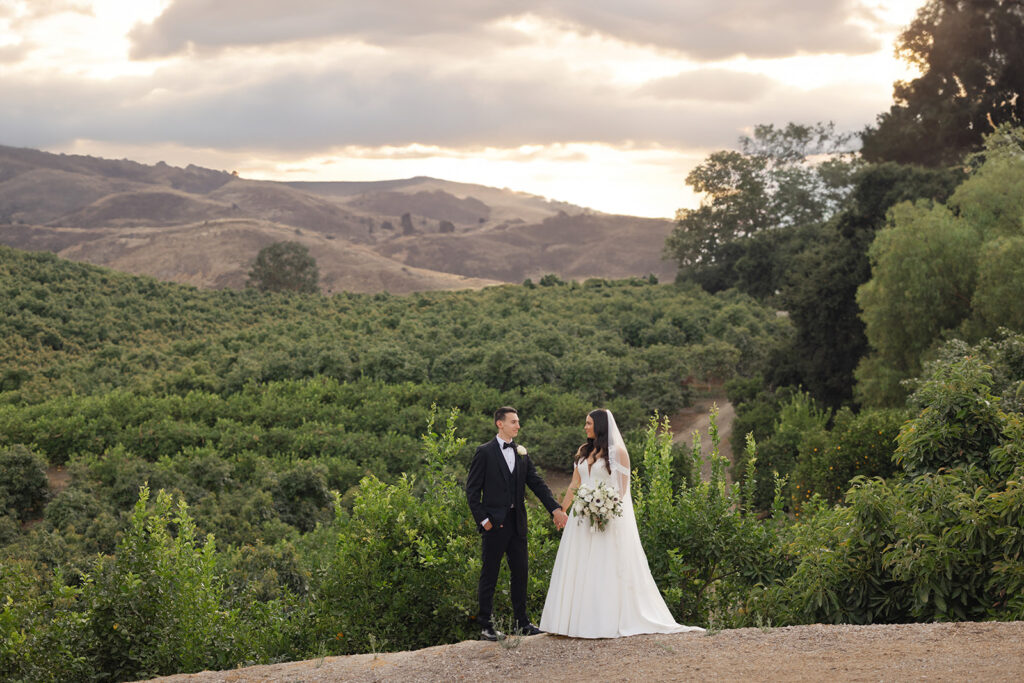 Samantha and Andrew overlooking the orchard and hills at Quail Ranch.