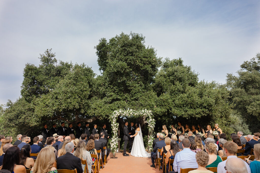 Wide view of Samantha and Andrew’s outdoor ceremony beneath a large oak tree.
