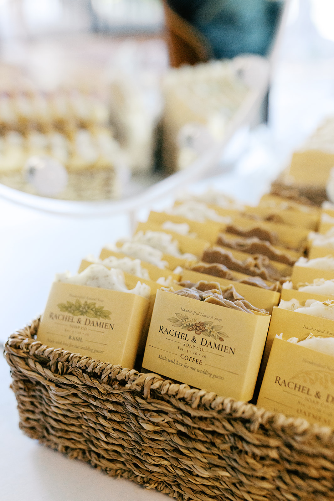 Custom Rachel and Damien soap favors arranged in a basket
