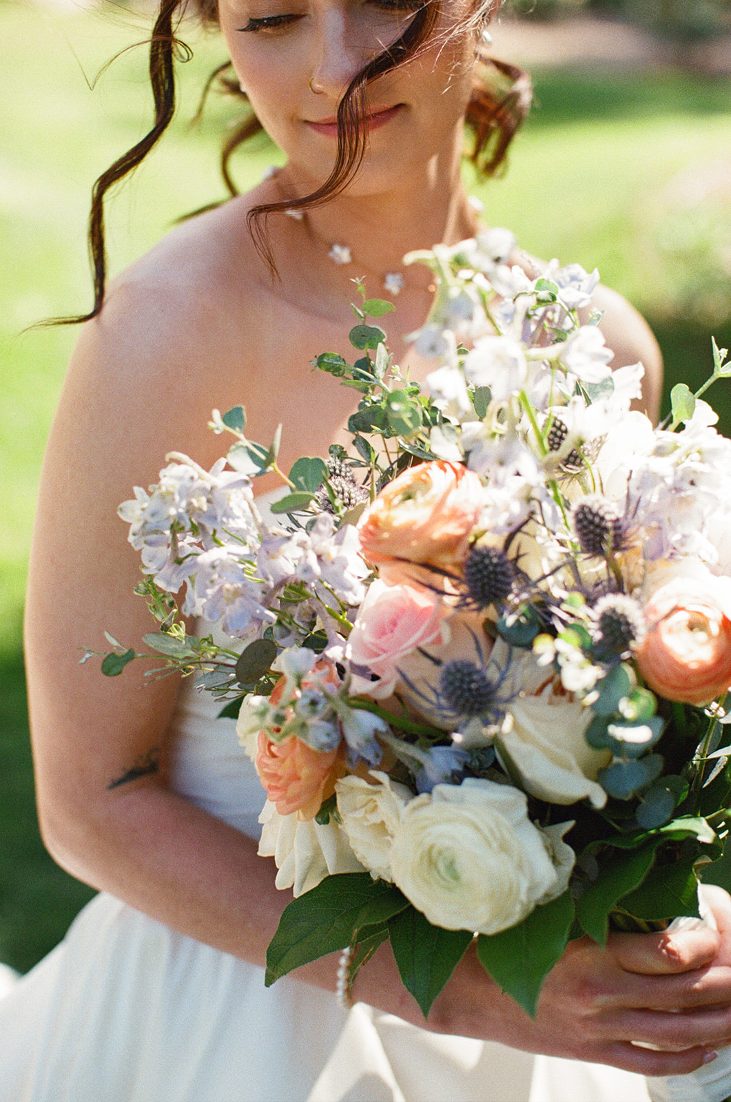 Film photograph of Sara’s pastel bridal bouquet
